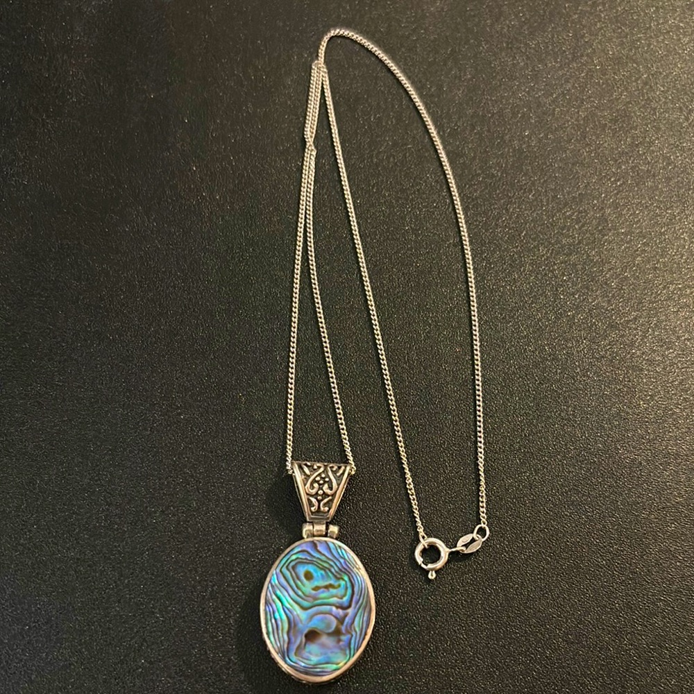 Vintage Antique paua shell large sterling pendant with silver chain